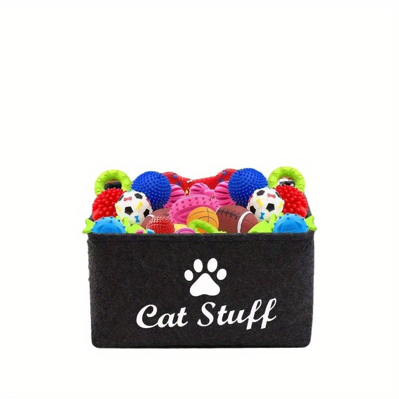 1pc Felt Cat Toy Storage Box with Wooden Handle, Rectangular Fabric Pet Toy Organizer Basket for Home Organization, Toy Box