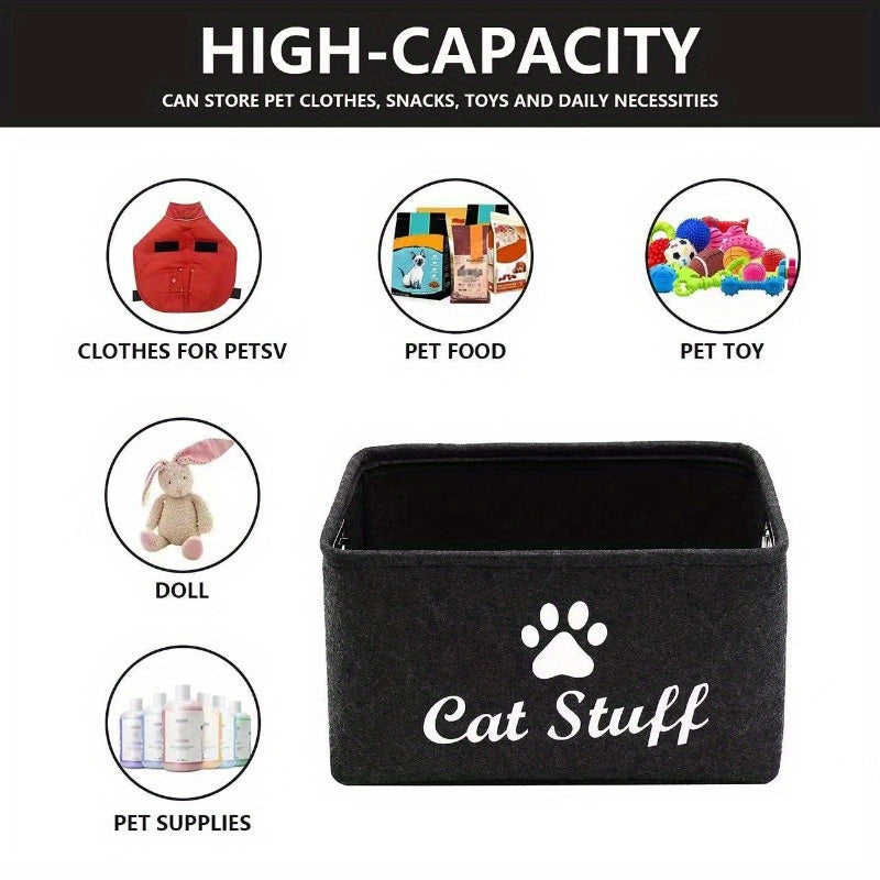 1pc Felt Cat Toy Storage Box with Wooden Handle, Rectangular Fabric Pet Toy Organizer Basket for Home Organization, Toy Box