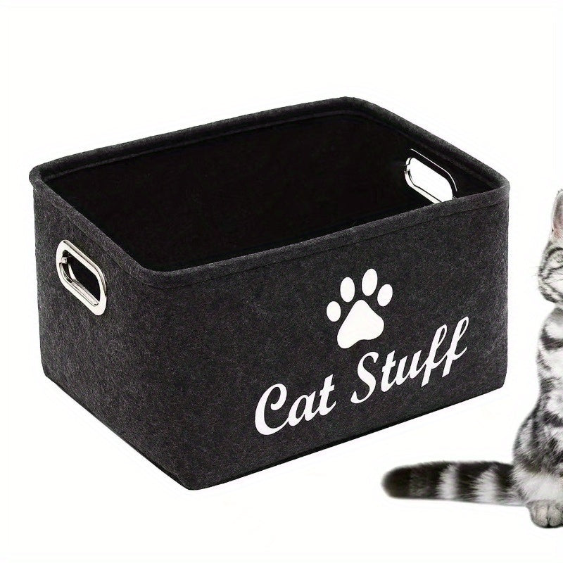1pc Felt Cat Toy Storage Box with Wooden Handle, Rectangular Fabric Pet Toy Organizer Basket for Home Organization, Toy Box