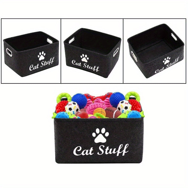 1pc Felt Cat Toy Storage Box with Wooden Handle, Rectangular Fabric Pet Toy Organizer Basket for Home Organization, Toy Box