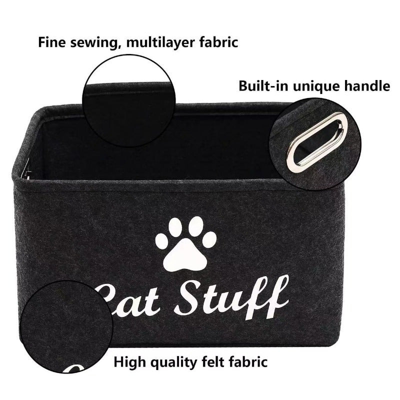 1pc Felt Cat Toy Storage Box with Wooden Handle, Rectangular Fabric Pet Toy Organizer Basket for Home Organization, Toy Box