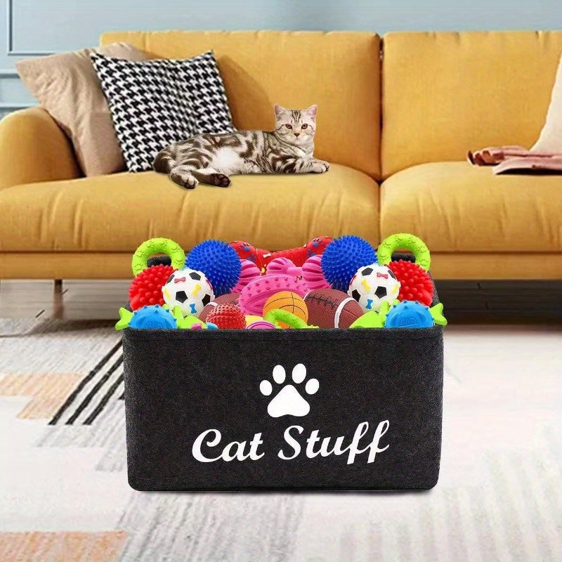 1pc Felt Cat Toy Storage Box with Wooden Handle, Rectangular Fabric Pet Toy Organizer Basket for Home Organization, Toy Box