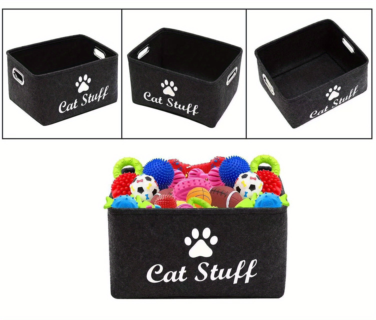 1pc Felt Cat Toy Storage Box with Wooden Handle, Rectangular Fabric Pet Toy Organizer Basket for Home Organization, Toy Box