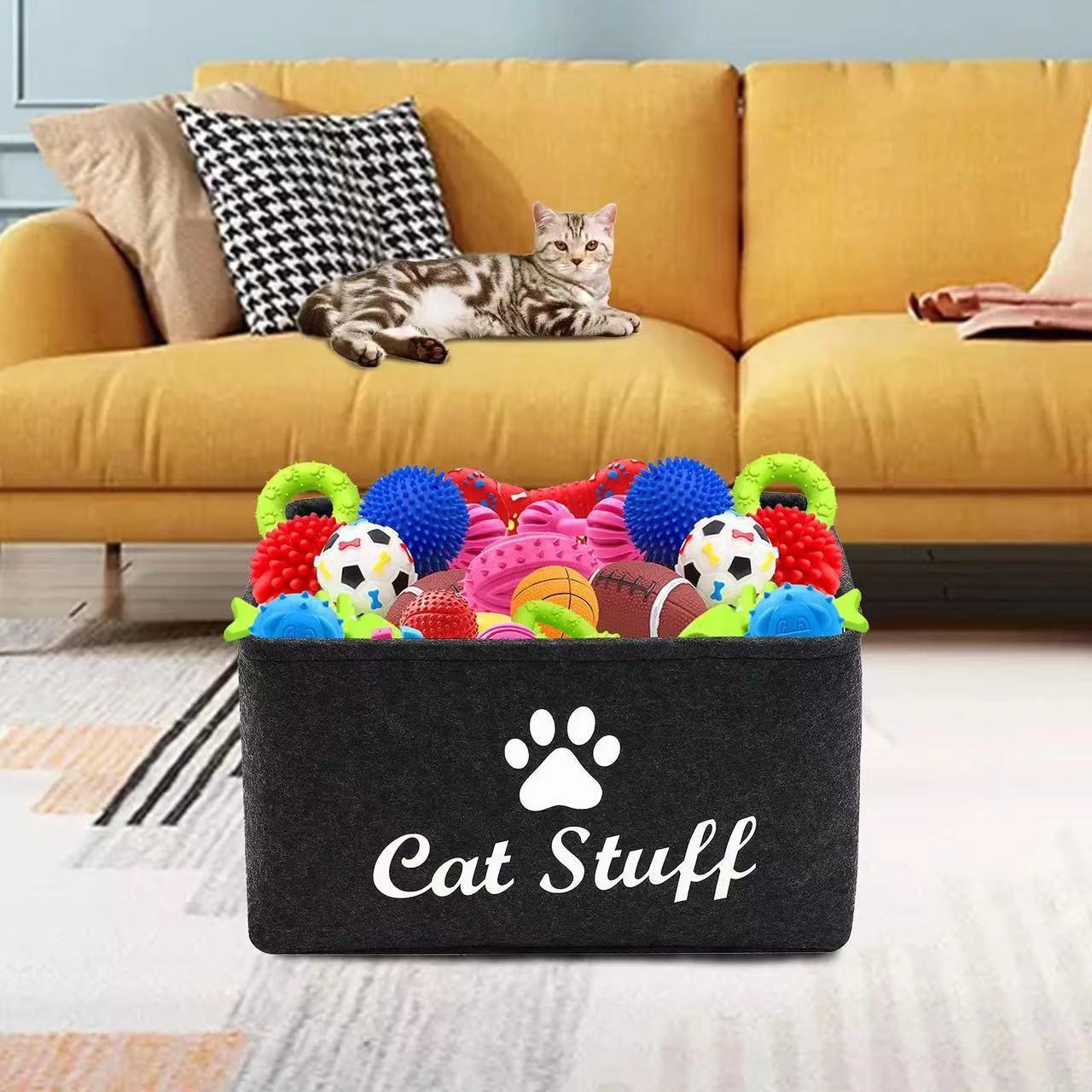 1pc Felt Cat Toy Storage Box with Wooden Handle, Rectangular Fabric Pet Toy Organizer Basket for Home Organization, Toy Box