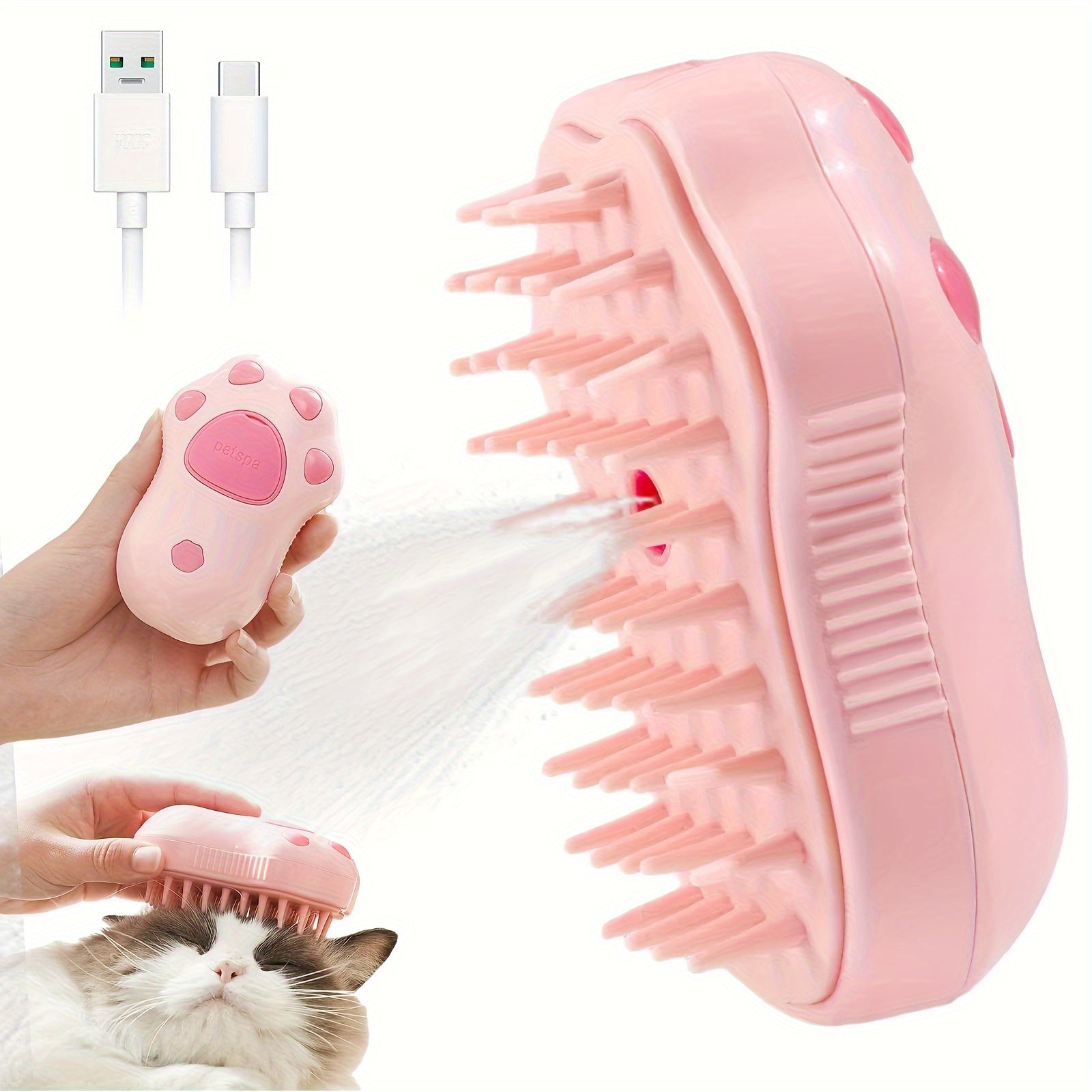 3-in-1 Electric Pet Grooming Brush: Portable, Self-Cleaning Silicone Steam Brush for Cats & Dogs with Massage & Hair Removal