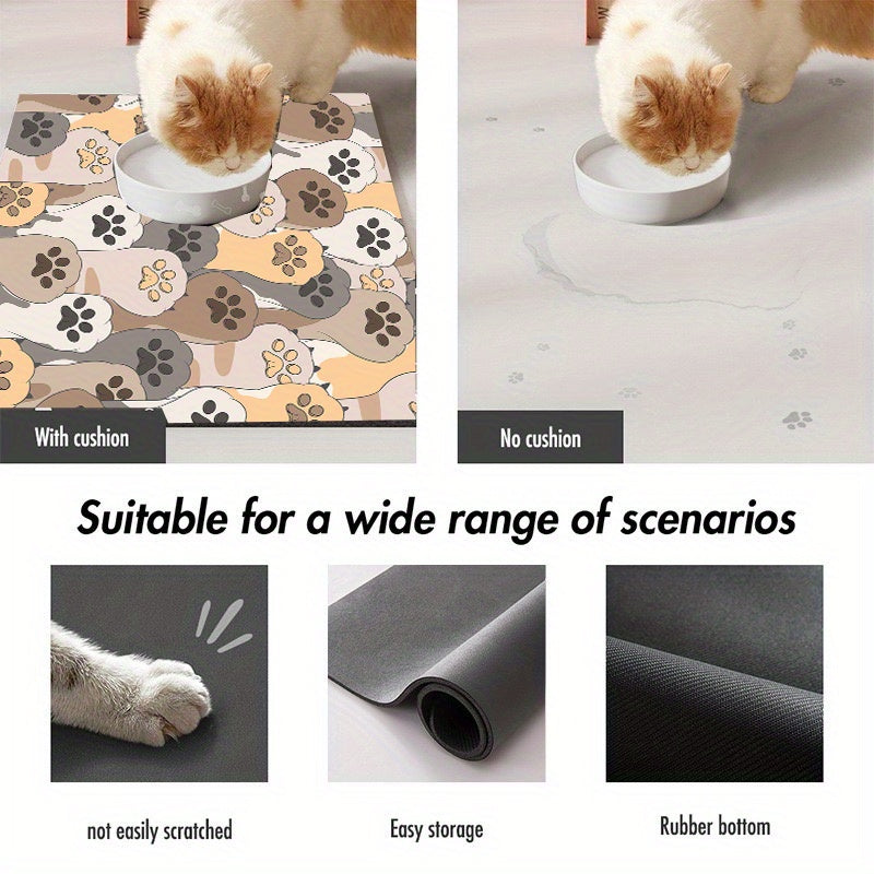 1pc Cartoon Paw Pattern Pet Feeding Mat Absorbent Quick-Drying Pet Bowl Mat / Anti-Spill Pet Meal Mat Multi-Purpose Reusable Drying Mat