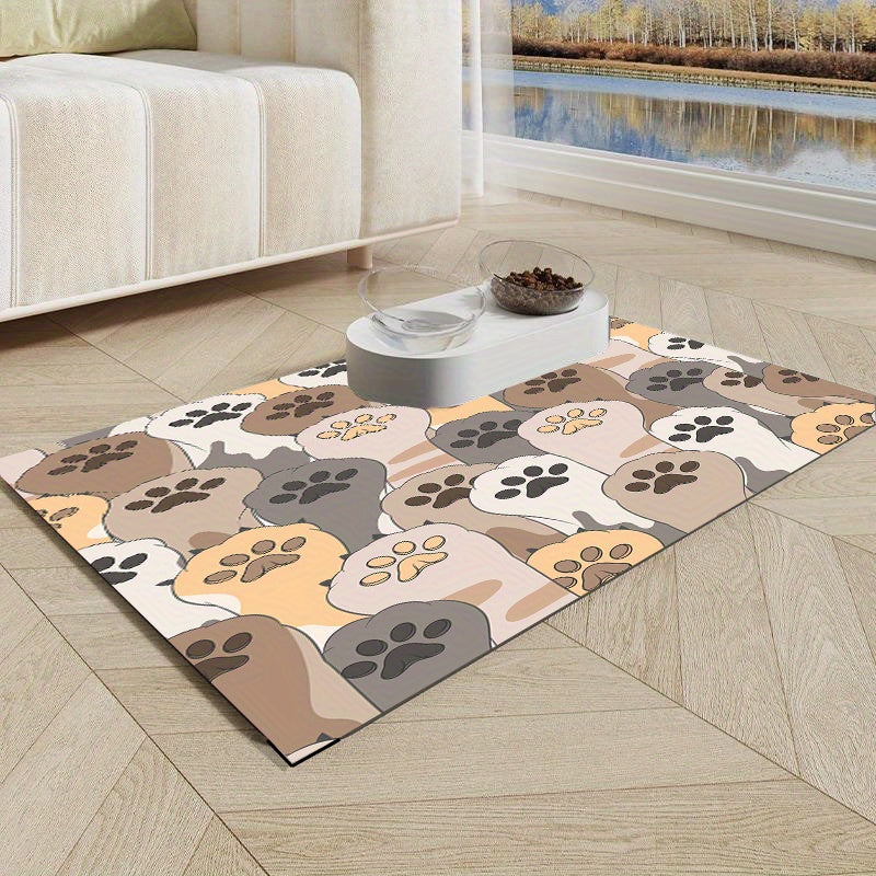 1pc Cartoon Paw Pattern Pet Feeding Mat Absorbent Quick-Drying Pet Bowl Mat / Anti-Spill Pet Meal Mat Multi-Purpose Reusable Drying Mat