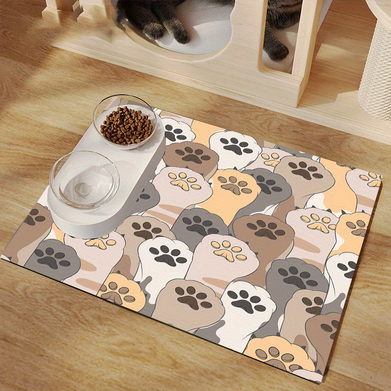 1pc Cartoon Paw Pattern Pet Feeding Mat Absorbent Quick-Drying Pet Bowl Mat / Anti-Spill Pet Meal Mat Multi-Purpose Reusable Drying Mat