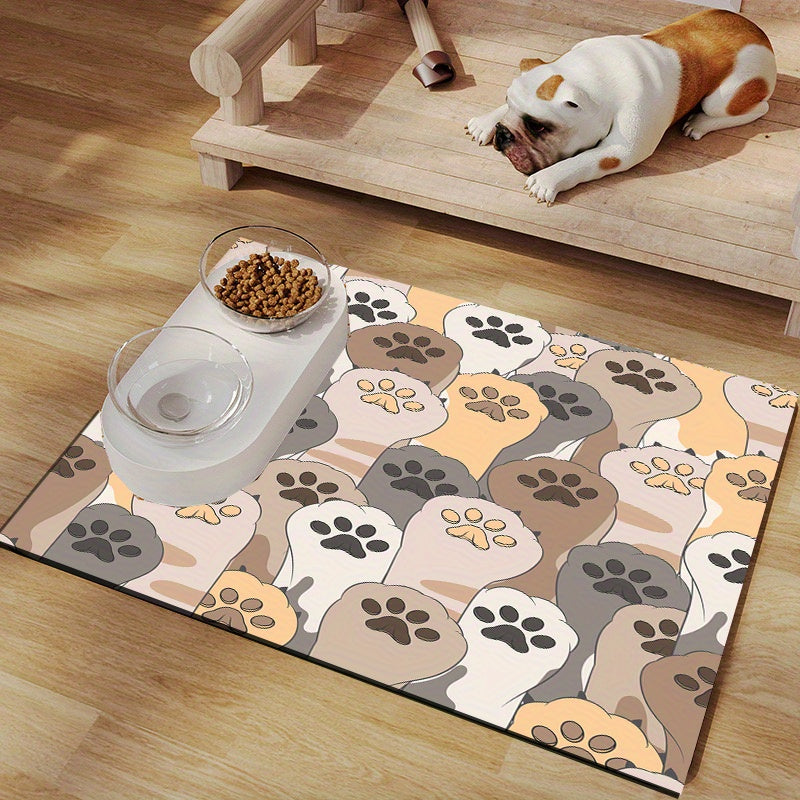 1pc Cartoon Paw Pattern Pet Feeding Mat Absorbent Quick-Drying Pet Bowl Mat / Anti-Spill Pet Meal Mat Multi-Purpose Reusable Drying Mat
