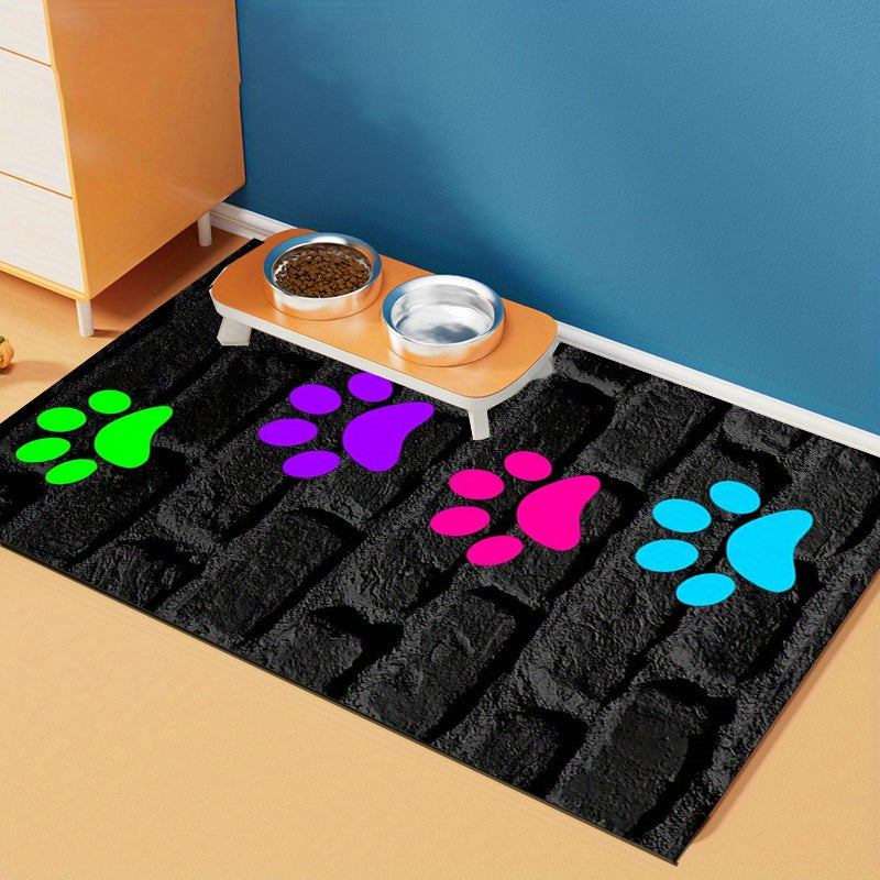 JIT Feeding Mat for Dogs and Cats, 1pc Polyester Pet Bowl Mat, Water-Resistant Non-Slip Feeding Pad with Colorful Paw Prints, Leak-Proof Food Clean-Up Accessory