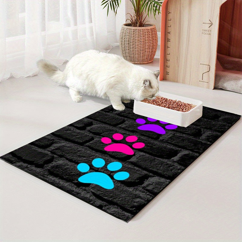 JIT Feeding Mat for Dogs and Cats, 1pc Polyester Pet Bowl Mat, Water-Resistant Non-Slip Feeding Pad with Colorful Paw Prints, Leak-Proof Food Clean-Up Accessory