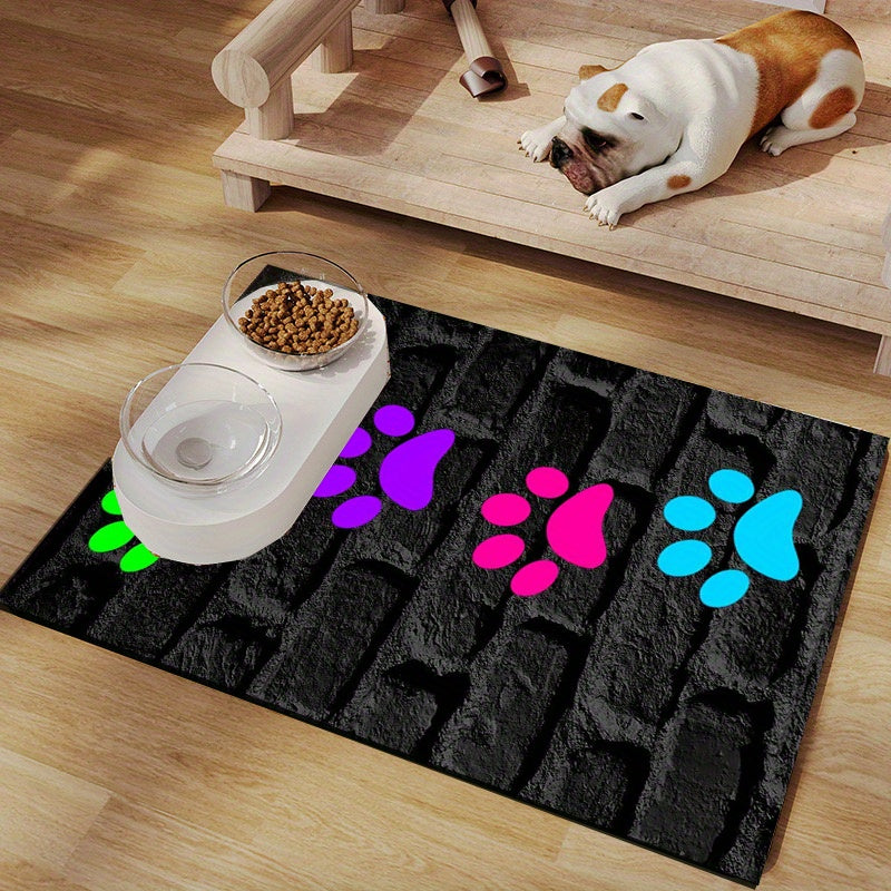 JIT Feeding Mat for Dogs and Cats, 1pc Polyester Pet Bowl Mat, Water-Resistant Non-Slip Feeding Pad with Colorful Paw Prints, Leak-Proof Food Clean-Up Accessory