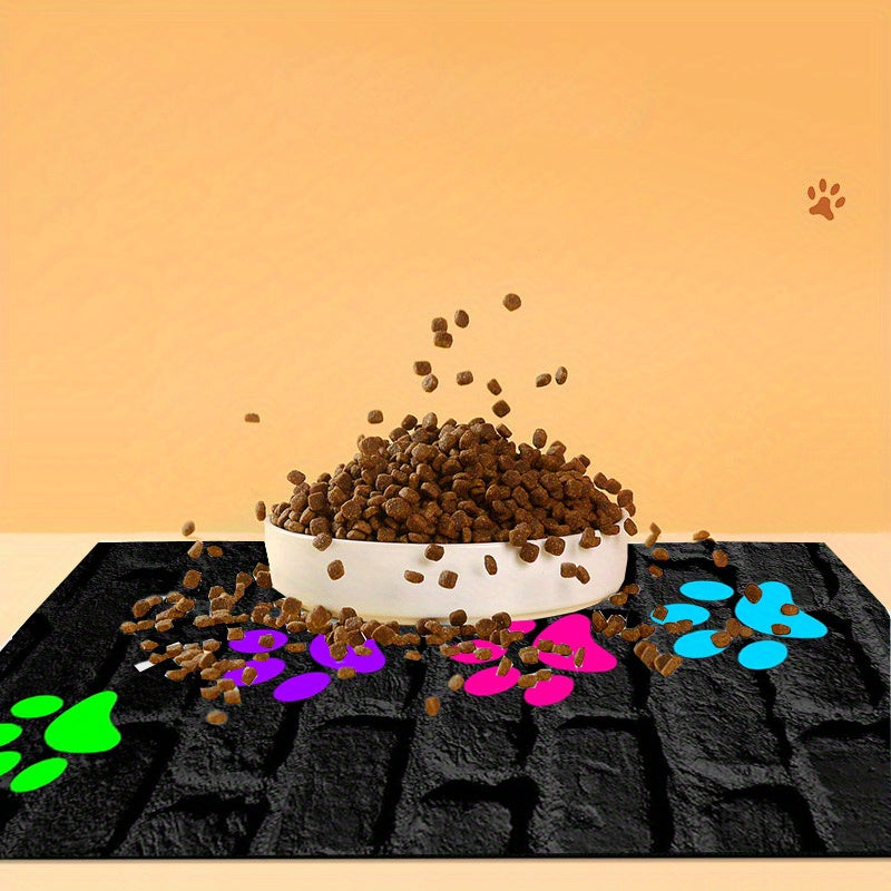 JIT Feeding Mat for Dogs and Cats, 1pc Polyester Pet Bowl Mat, Water-Resistant Non-Slip Feeding Pad with Colorful Paw Prints, Leak-Proof Food Clean-Up Accessory