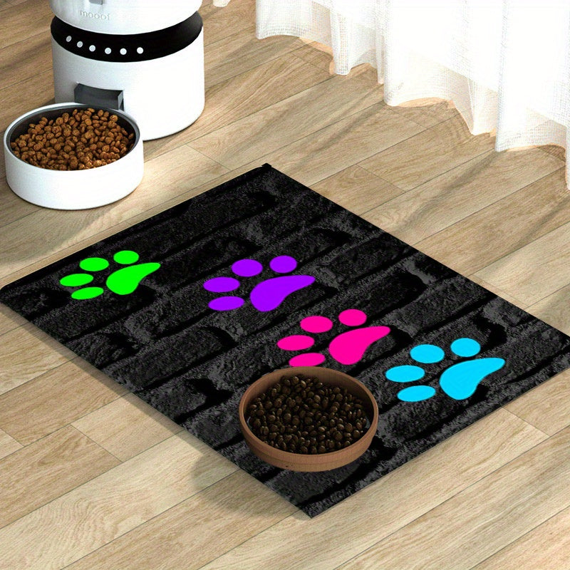 JIT Feeding Mat for Dogs and Cats, 1pc Polyester Pet Bowl Mat, Water-Resistant Non-Slip Feeding Pad with Colorful Paw Prints, Leak-Proof Food Clean-Up Accessory