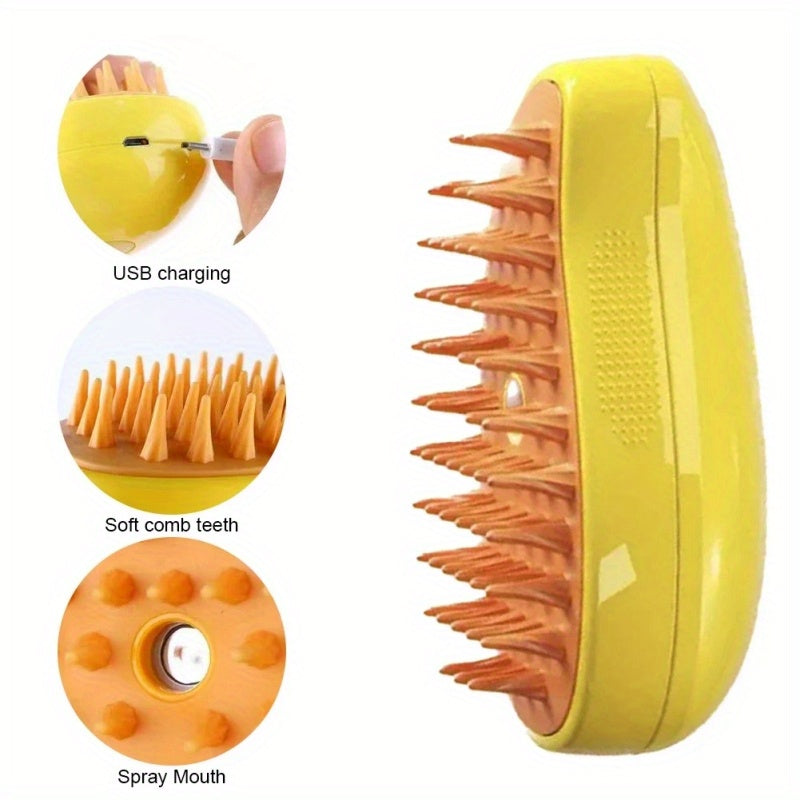 3-in-1 Pet Grooming Brush with Steam Spray for Cats & Dogs - Hair Removal, Massage, Beauty Comb, Silicone Bristles, Plastic, USB/Battery Powered, 36V and Below