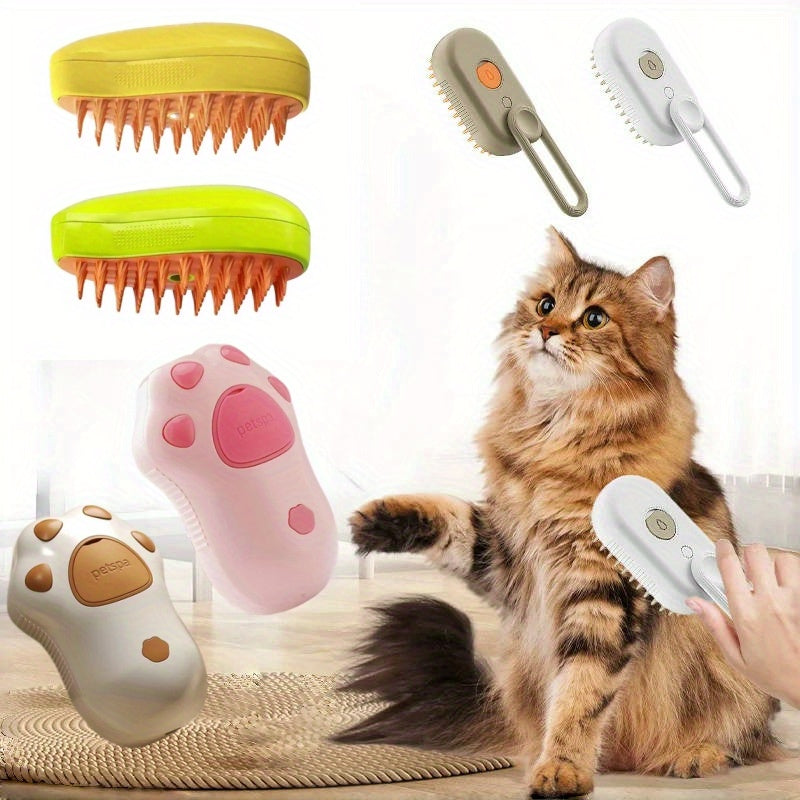 3-in-1 Pet Grooming Brush with Steam Spray for Cats & Dogs - Hair Removal, Massage, Beauty Comb, Silicone Bristles, Plastic, USB/Battery Powered, 36V and Below
