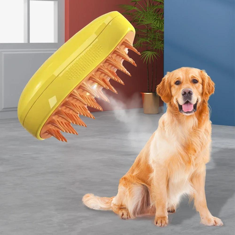 3-in-1 Pet Grooming Brush with Steam Spray for Cats & Dogs - Hair Removal, Massage, Beauty Comb, Silicone Bristles, Plastic, USB/Battery Powered, 36V and Below
