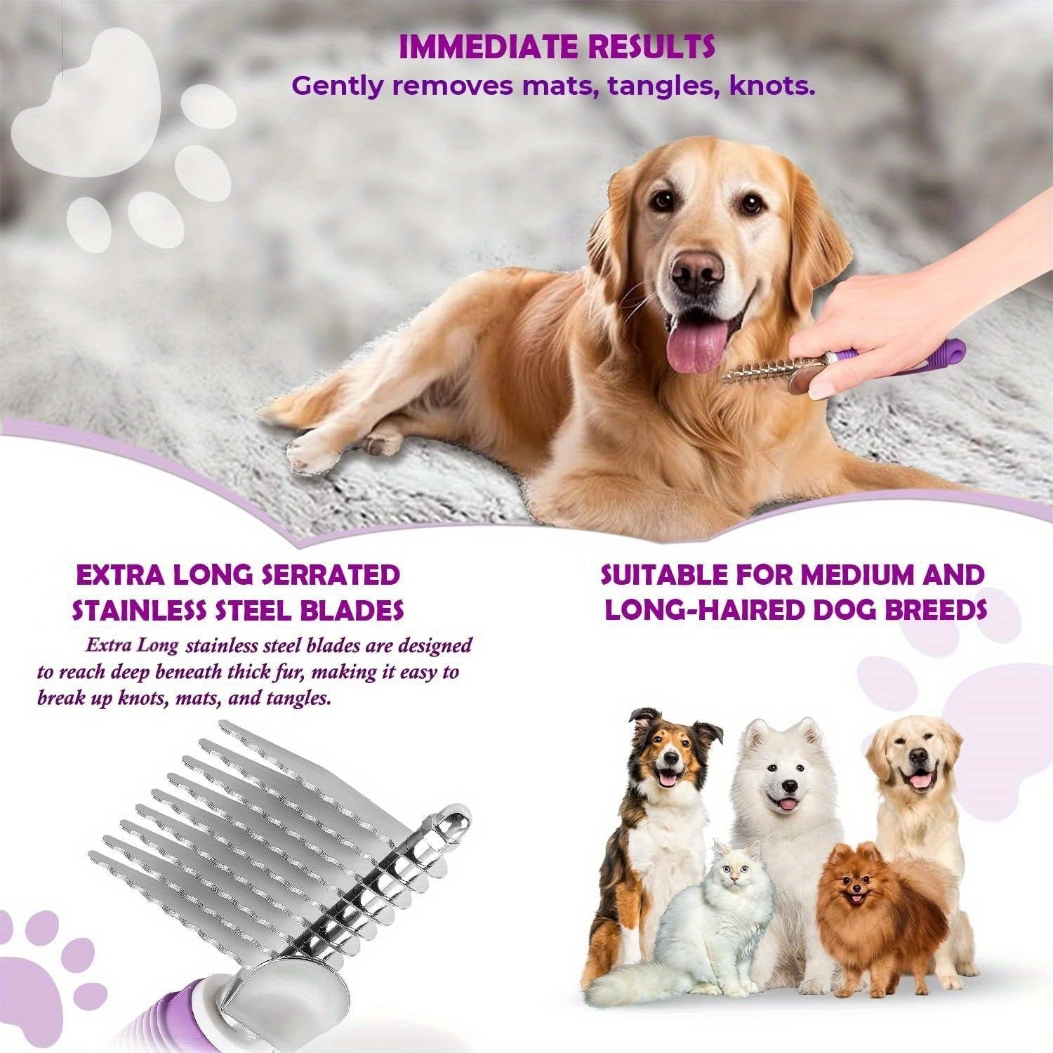 1pc Dematting Fur Rake Comb Brush Tool for Dogs & Cats with Extra Long Stainless Steel Safety Blades for Removing Knots, Mats & Tangles - Pet Grooming Deshedding Brush Tool with Anti-Slip Grip
