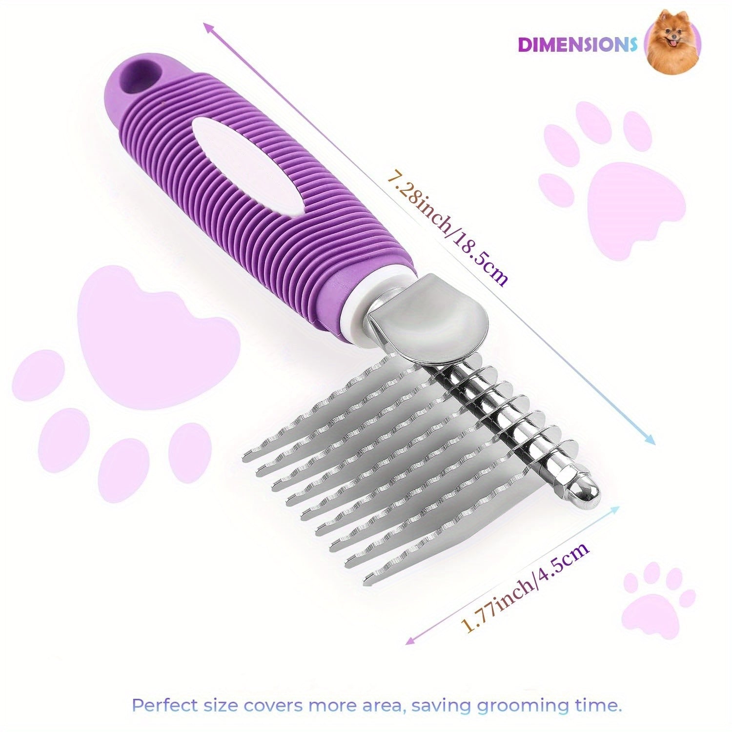 1pc Dematting Fur Rake Comb Brush Tool for Dogs & Cats with Extra Long Stainless Steel Safety Blades for Removing Knots, Mats & Tangles - Pet Grooming Deshedding Brush Tool with Anti-Slip Grip