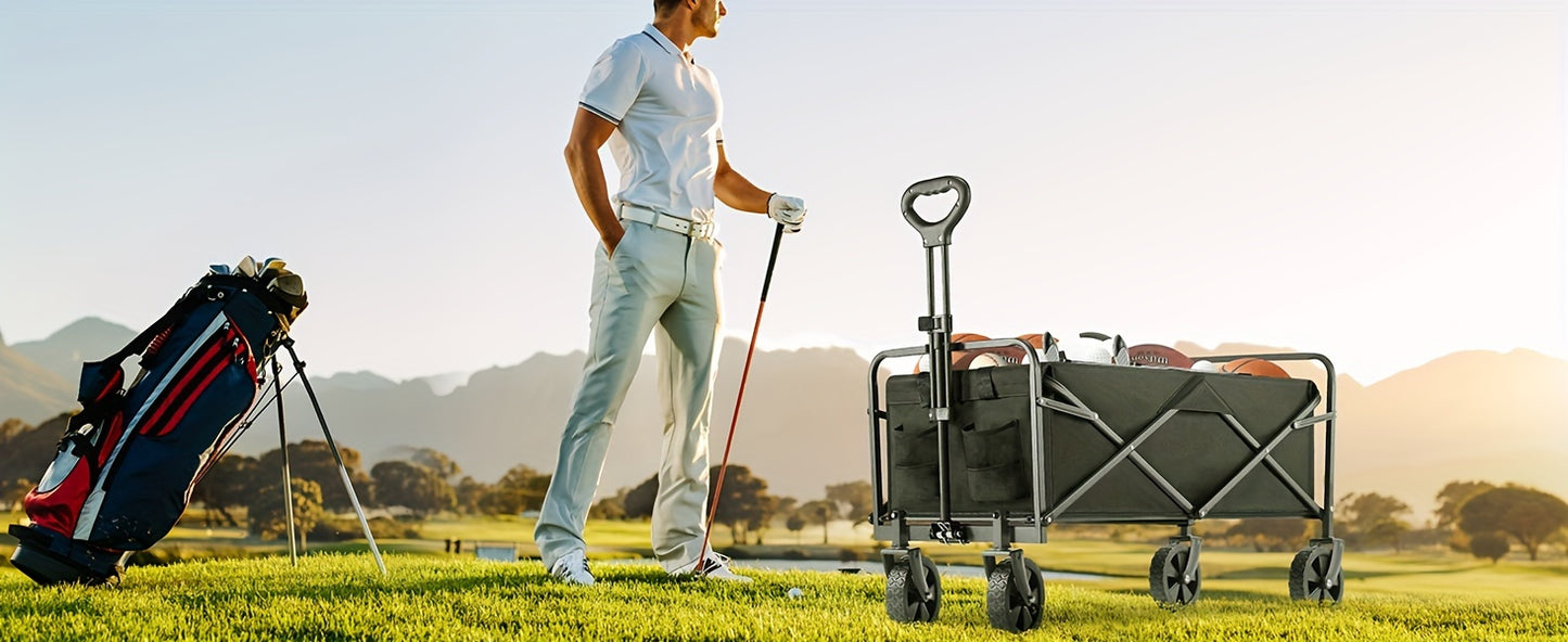 Collapsible Folding Wagon Cart, Large Capacity Track and Field Equipment Transporter, All-Terrain Foldable Pet Stroller, Heavy-Duty Utility Wagon for Grocery, Outdoor Beach, Gardening, Shopping & Fishing – Perfect Christmas