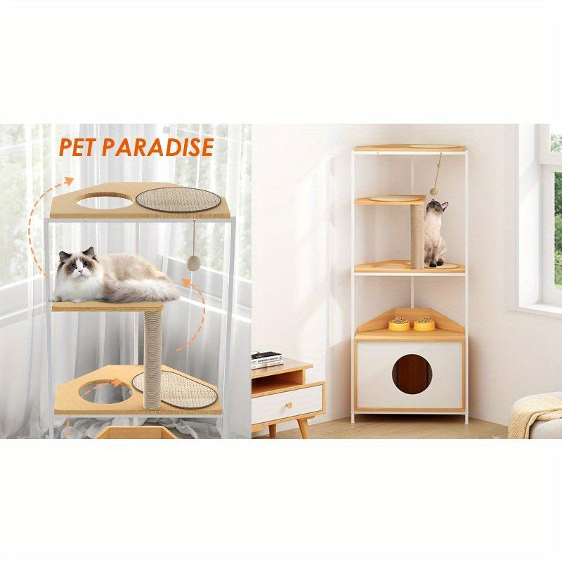 Corner Cat Tower, Cat Tree with Scratching Post, Cat Condo with Feeding Station and Climbing Platforms, Pet Furniture for Indoor Cats