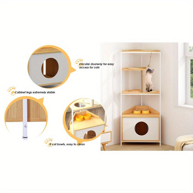 Corner Cat Tower, Cat Tree with Scratching Post, Cat Condo with Feeding Station and Climbing Platforms, Pet Furniture for Indoor Cats