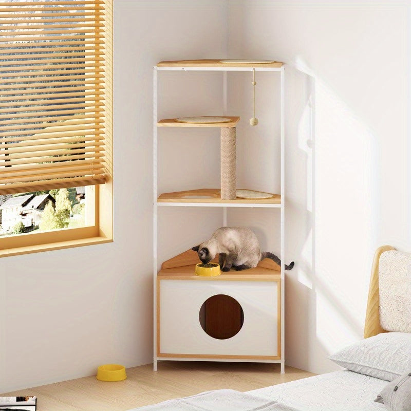 Corner Cat Tower, Cat Tree with Scratching Post, Cat Condo with Feeding Station and Climbing Platforms, Pet Furniture for Indoor Cats
