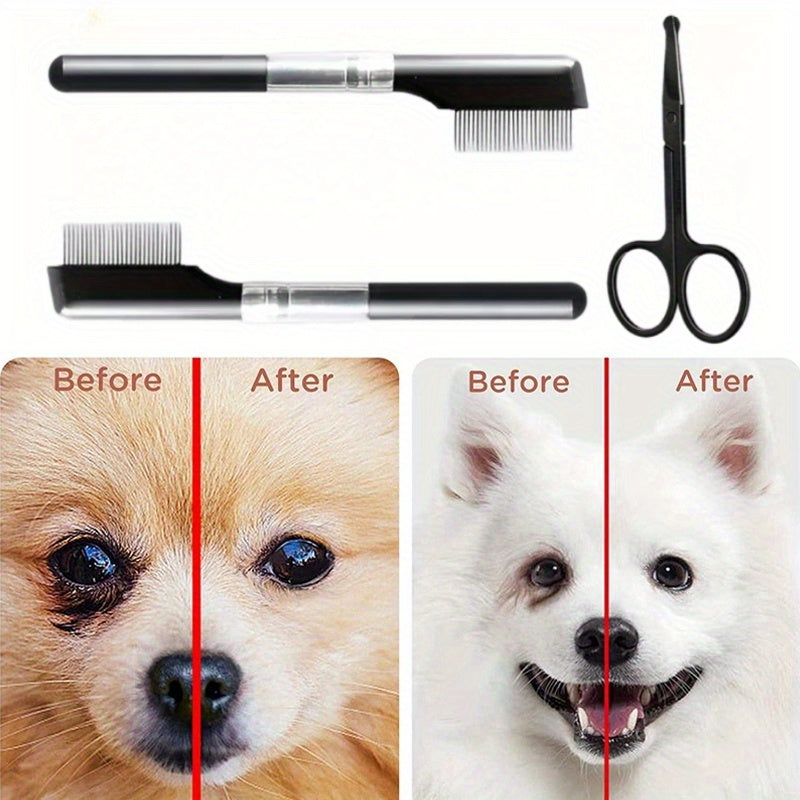 Pet Grooming Kit: Tear Stain Remover Comb & Hair Trimming Scissors - Ambidextrous, Ideal for Dogs and Cats