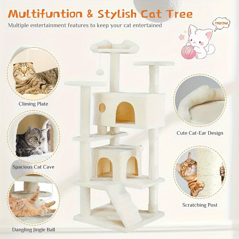 Cat Tree Tower for Indoor Cats, 54in Tall Multi-Level Pet Furniture, Stable Kitty Play House with Sisal Scratching Post, Large Condo, Climbing Ladder, Plush Toy for Kitten