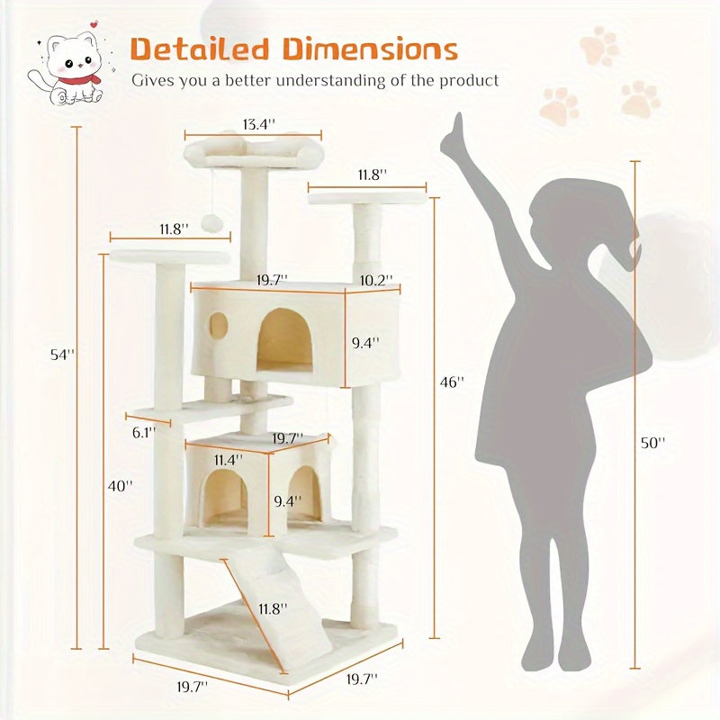 Cat Tree Tower for Indoor Cats, 54in Tall Multi-Level Pet Furniture, Stable Kitty Play House with Sisal Scratching Post, Large Condo, Climbing Ladder, Plush Toy for Kitten