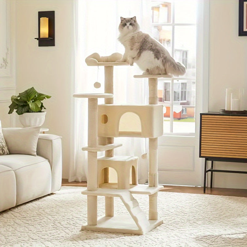 Cat Tree Tower for Indoor Cats, 54in Tall Multi-Level Pet Furniture, Stable Kitty Play House with Sisal Scratching Post, Large Condo, Climbing Ladder, Plush Toy for Kitten