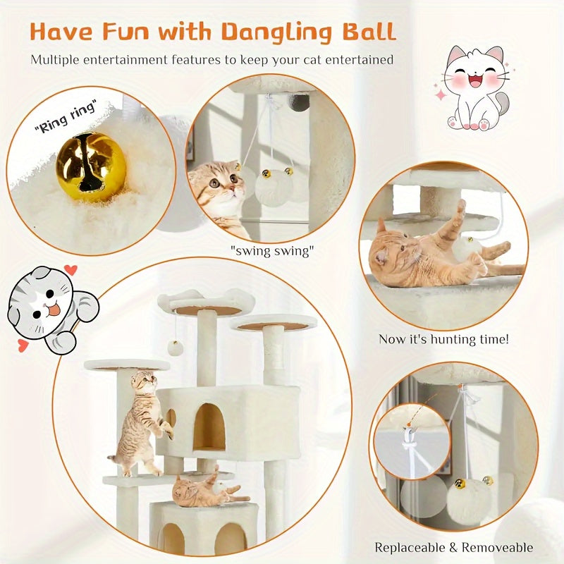 Cat Tree Tower for Indoor Cats, 54in Tall Multi-Level Pet Furniture, Stable Kitty Play House with Sisal Scratching Post, Large Condo, Climbing Ladder, Plush Toy for Kitten