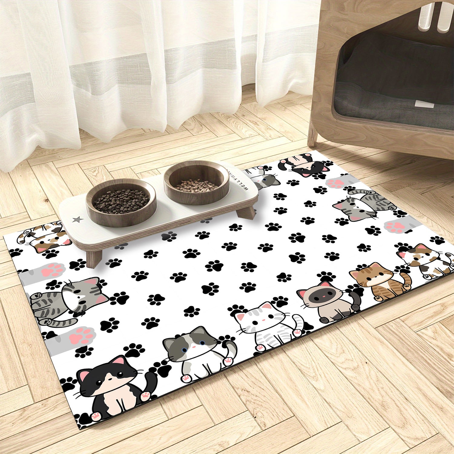 1pc Cute Cat Pattern Non-Slip Waterproof Pet Feeding Mat - Durable, Easy Clean Splash Guard for Food & Water Bowls, Multi-Purpose Dog Drying Mat, Scratch-Resistant Floor Pad for Indoor/Outdoor Use
