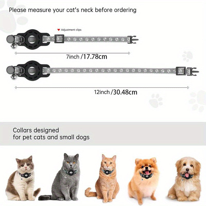 Adjustable Reflective Polyester Cat Collar with AirTag Holder, Safety Buckle, Detachable Bell - GPS Tracker Compatible Pet Collar for Cats & Small Dogs - All Breed Sizes