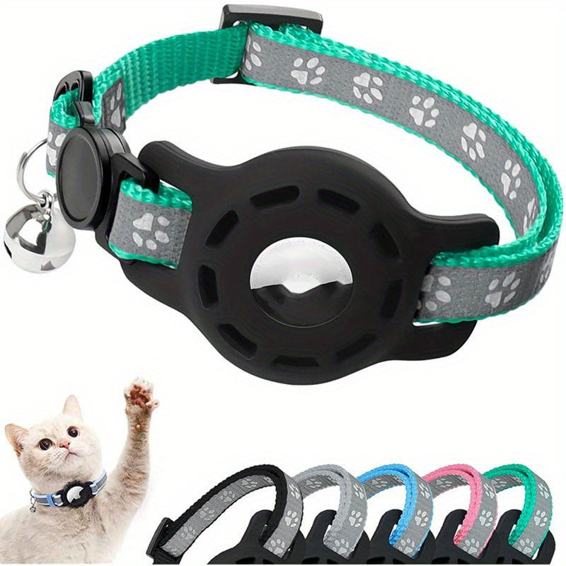 Adjustable Reflective Polyester Cat Collar with AirTag Holder, Safety Buckle, Detachable Bell - GPS Tracker Compatible Pet Collar for Cats & Small Dogs - All Breed Sizes