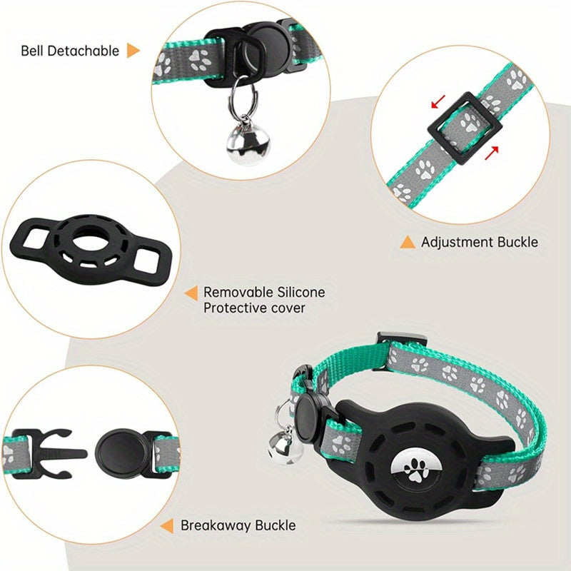 Adjustable Reflective Polyester Cat Collar with AirTag Holder, Safety Buckle, Detachable Bell - GPS Tracker Compatible Pet Collar for Cats & Small Dogs - All Breed Sizes
