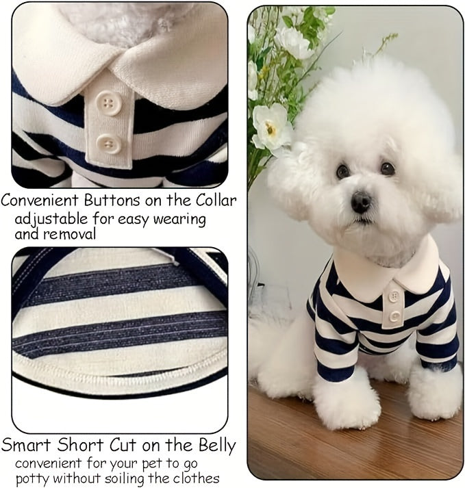Cozy Striped Dog T-Shirt with Leash Attachment - Soft Knit Pet Apparel for All Seasons, White & Navy Blue, Small to Large Breeds, Machine Washable, Dog Clothes