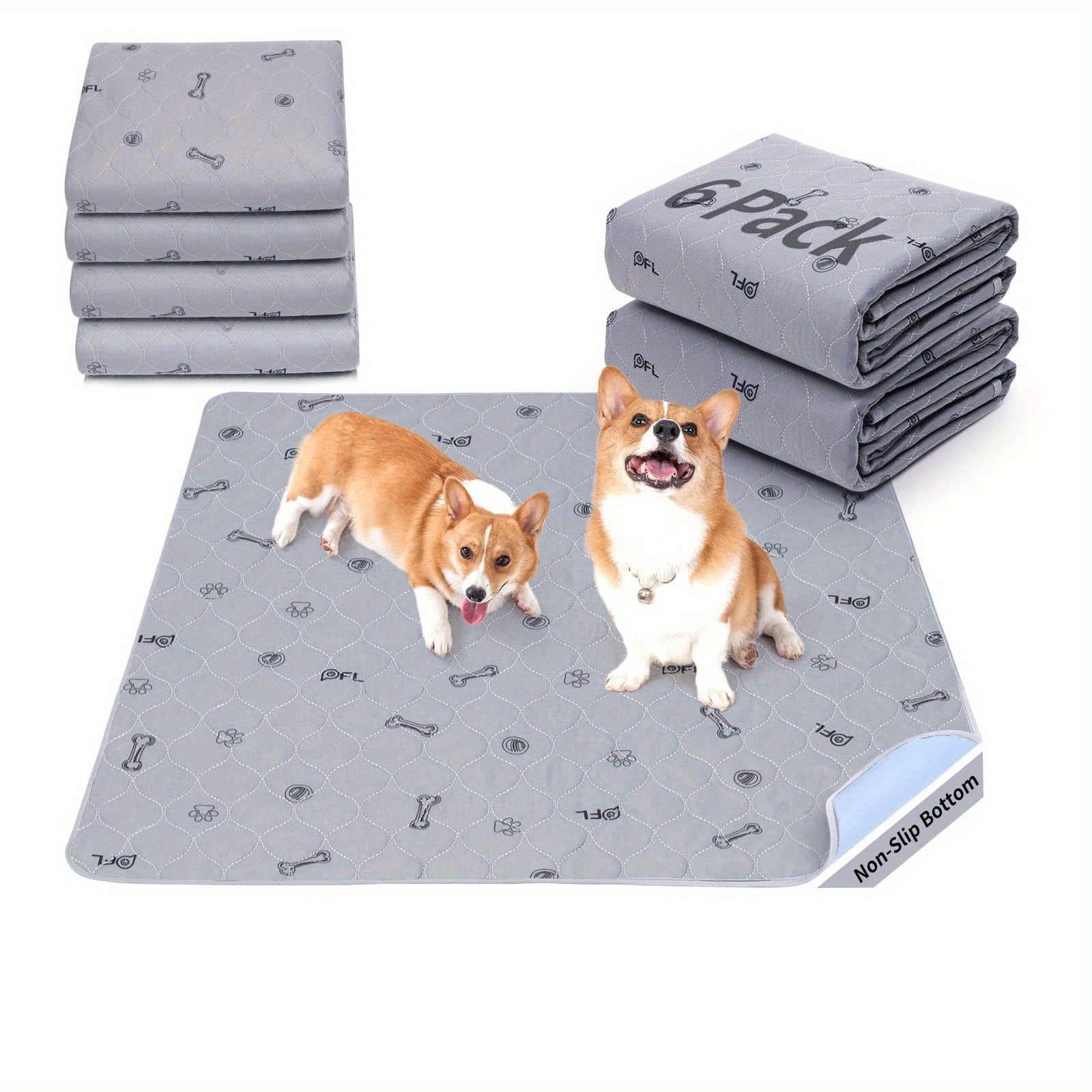 Washable & Reusable Dog Pee Pads - Leakproof Puppy Training Pads with Non-Slip Bottom, Quick-Absorbent Washable Layers & Bone Print Design (Grey/White) for Crate, Potty Training,, Post-Surgery - Multi-Use Pet Bed, Kennel