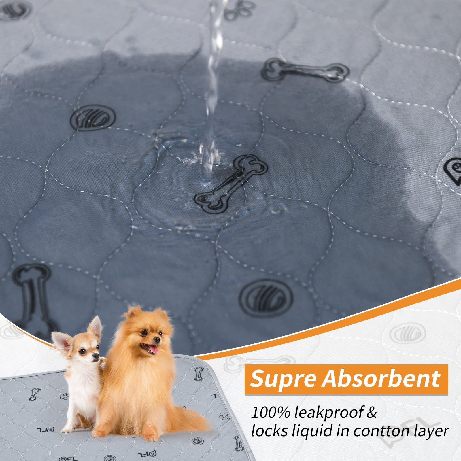 Washable & Reusable Dog Pee Pads - Leakproof Puppy Training Pads with Non-Slip Bottom, Quick-Absorbent Washable Layers & Bone Print Design (Grey/White) for Crate, Potty Training,, Post-Surgery - Multi-Use Pet Bed, Kennel