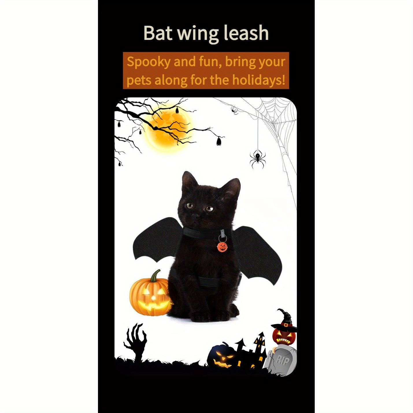 Halloween Bat Wings Pet Harness with Matching Leash for Cats & Small Dogs - Adjustable Polyester Costume with Dry Clean Only Instruction