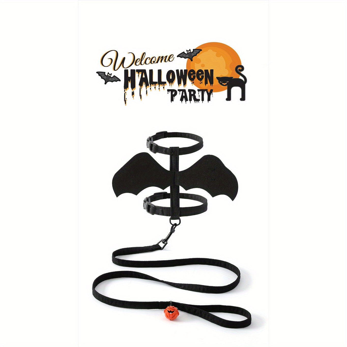 Halloween Bat Wings Pet Harness with Matching Leash for Cats & Small Dogs - Adjustable Polyester Costume with Dry Clean Only Instruction