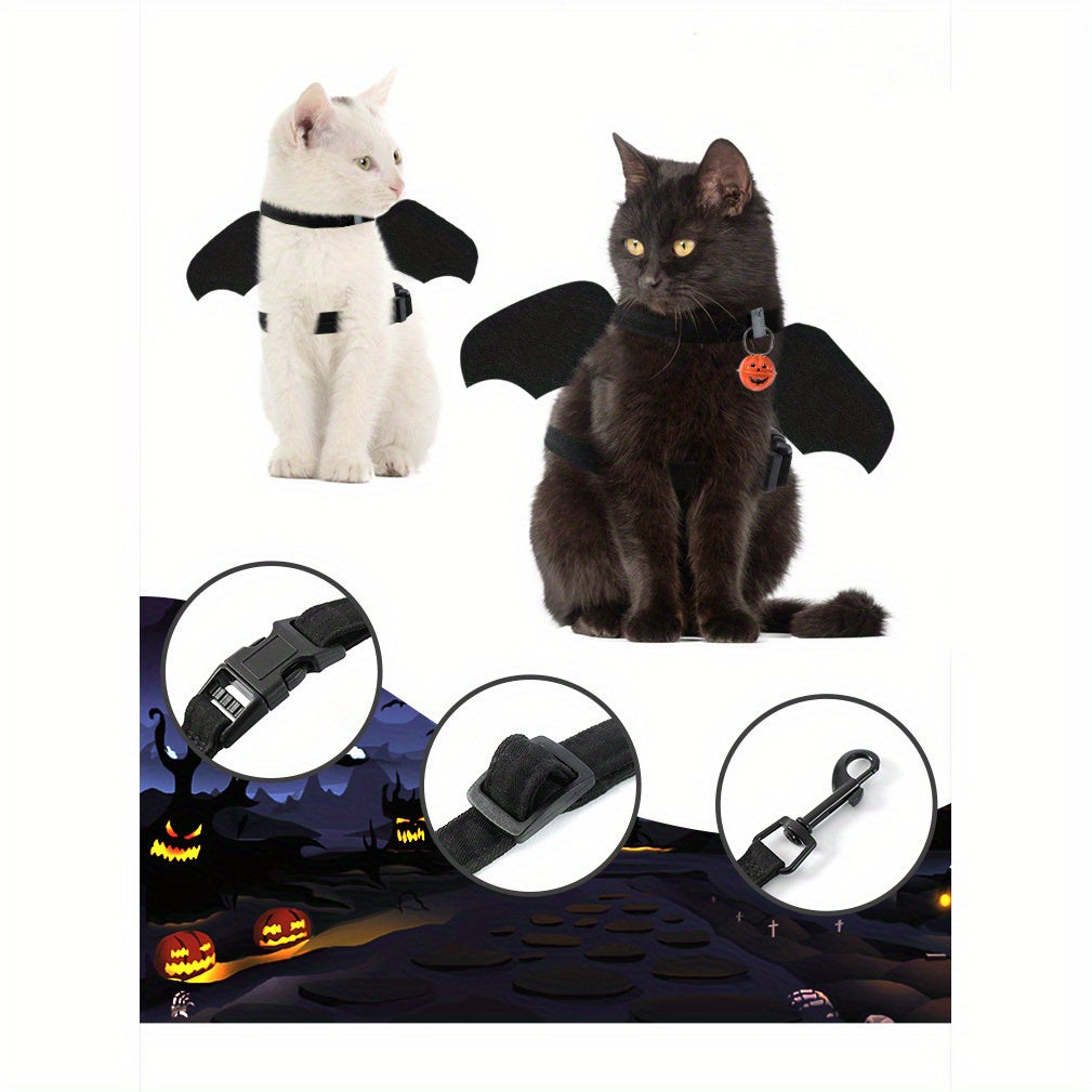 Halloween Bat Wings Pet Harness with Matching Leash for Cats & Small Dogs - Adjustable Polyester Costume with Dry Clean Only Instruction