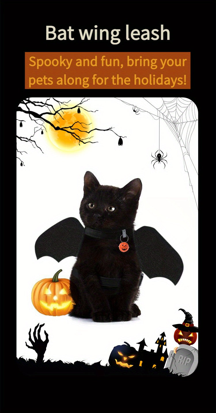 Halloween Bat Wings Pet Harness with Matching Leash for Cats & Small Dogs - Adjustable Polyester Costume with Dry Clean Only Instruction