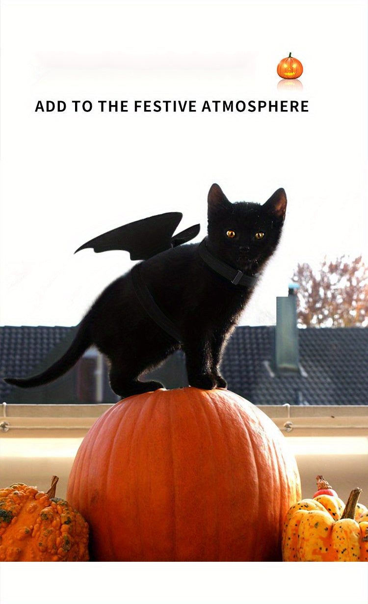 Halloween Bat Wings Pet Harness with Matching Leash for Cats & Small Dogs - Adjustable Polyester Costume with Dry Clean Only Instruction