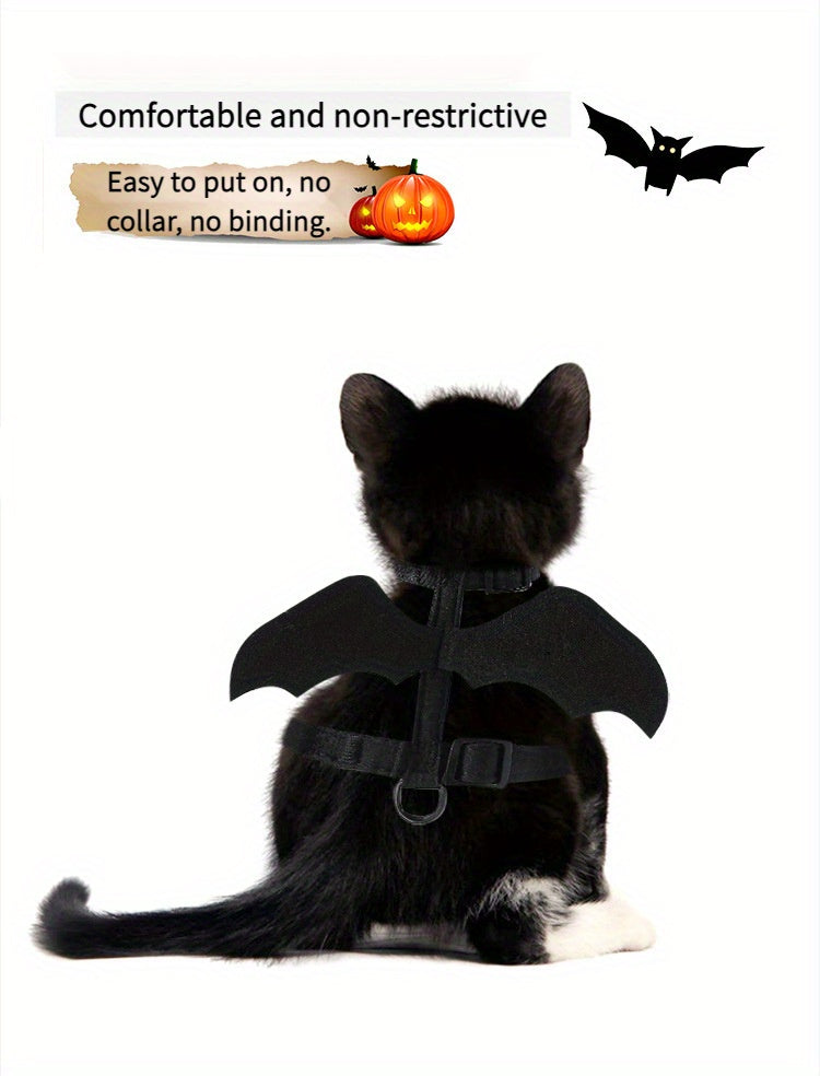 Halloween Bat Wings Pet Harness with Matching Leash for Cats & Small Dogs - Adjustable Polyester Costume with Dry Clean Only Instruction