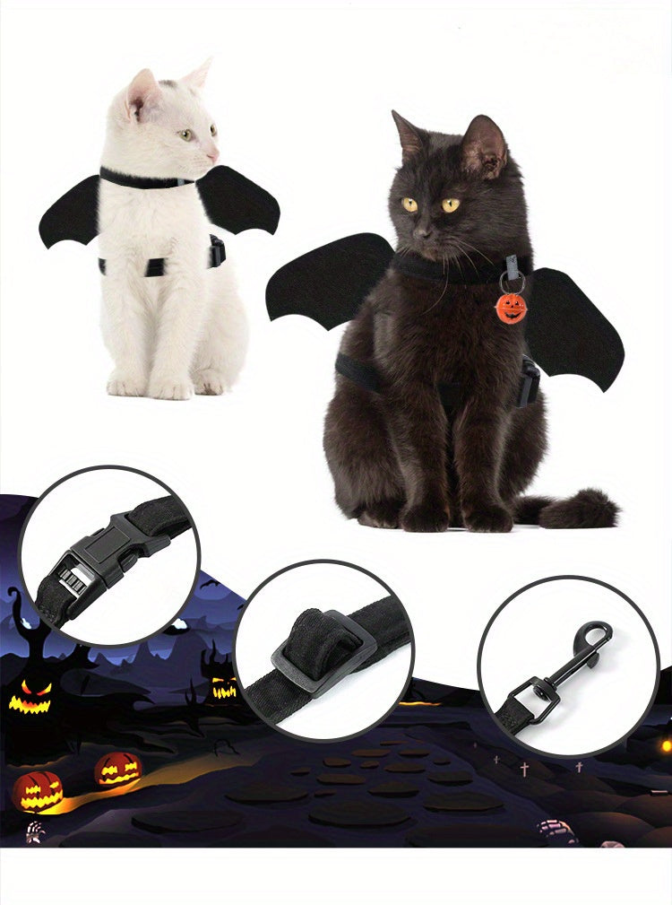 Halloween Bat Wings Pet Harness with Matching Leash for Cats & Small Dogs - Adjustable Polyester Costume with Dry Clean Only Instruction