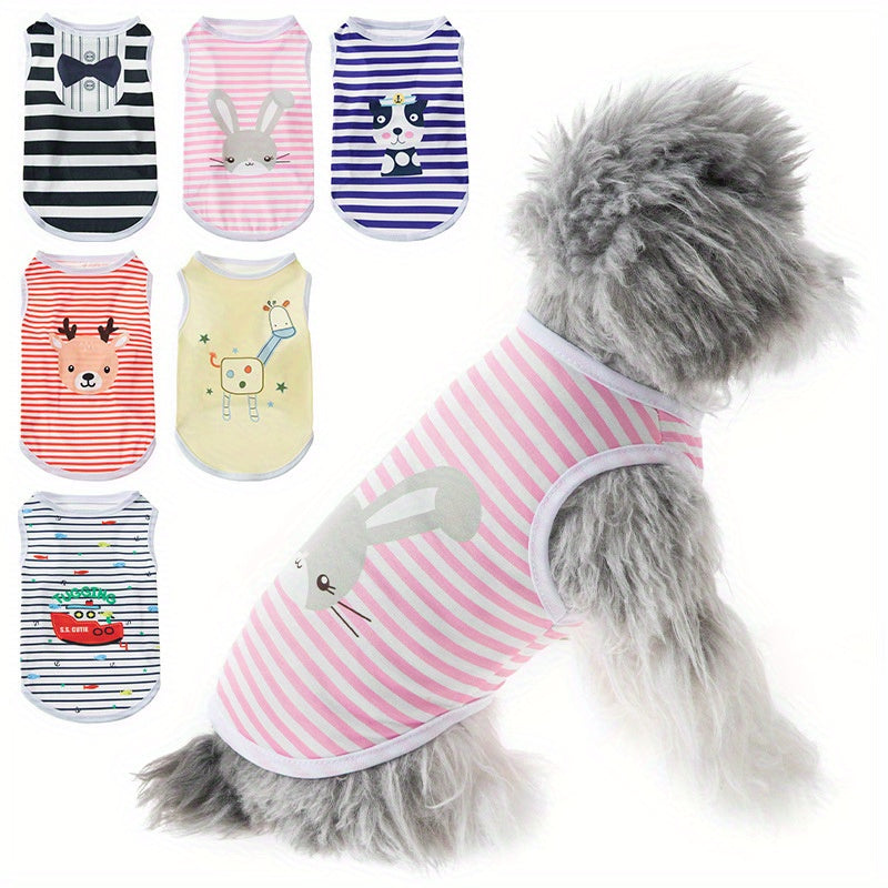 6pcs Adorable Cartoon Character Print Pet Apparel - Shirts for Small and Medium Dogs and Cats with Breathable Striped Vest T-Shirt Design, Comfortable Wear for Everyday Use