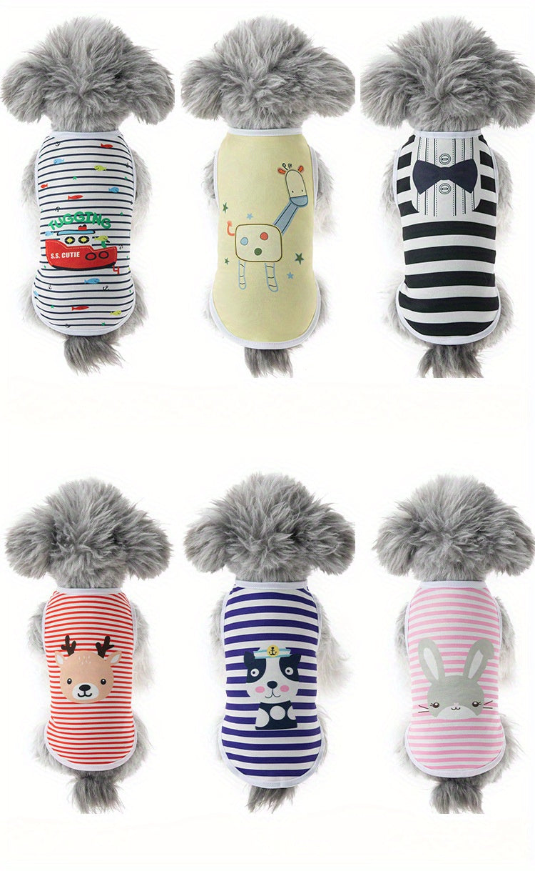 6pcs Adorable Cartoon Character Print Pet Apparel - Shirts for Small and Medium Dogs and Cats with Breathable Striped Vest T-Shirt Design, Comfortable Wear for Everyday Use