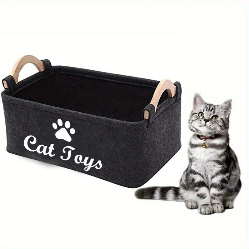1pc WhiskerWonders Durable Polyester Cat Toy Storage Box, Graphic Paw Print Design, Pet Toy Organizer Basket for Home Organization, No Battery Needed