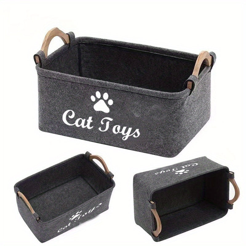 1pc WhiskerWonders Durable Polyester Cat Toy Storage Box, Graphic Paw Print Design, Pet Toy Organizer Basket for Home Organization, No Battery Needed